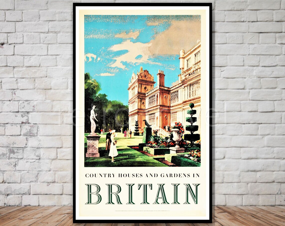 Country Houses And Gardens Britain Vintage Travel Manor Poster