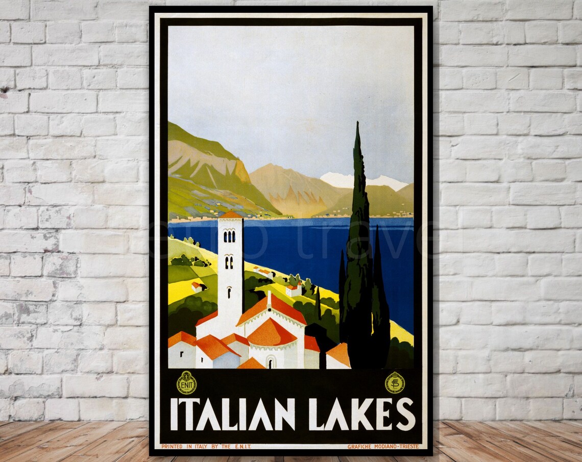 Italian Lakes Vintage Travel Poster Lakeside Village Bell Tower Art