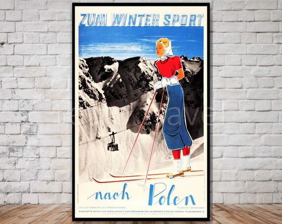 Zum Wintersport Nach Polen Vintage Poland Ski Poster Woman Skier