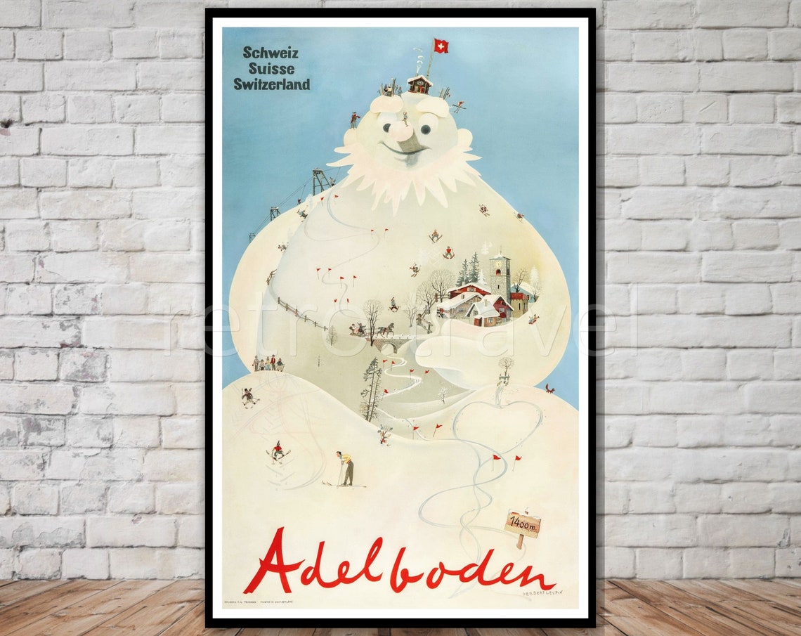 Adelboden Switzerland Vintage Ski Poster Snow Giant Alpine Winter Art