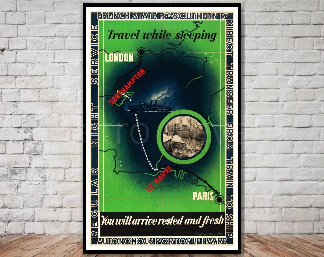 Travel While Sleeping London Paris Night Train Ship Map Poster