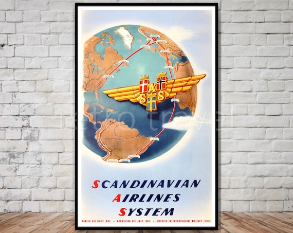 Scandinavian Travel Poster Scandinavian Airlines Travel Print Instant Retro Travel Print Poster Wall Art