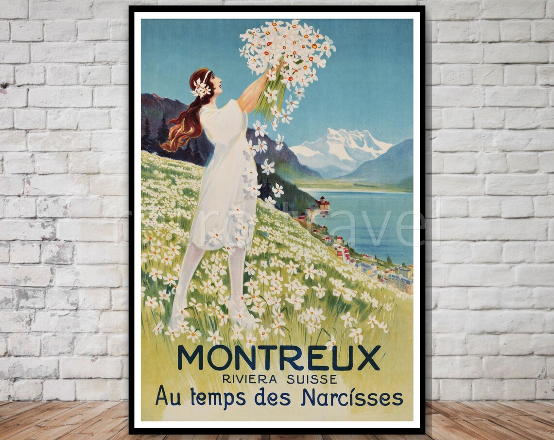 Montreux Switzerland Travel Poster, Art Nouveau Retro