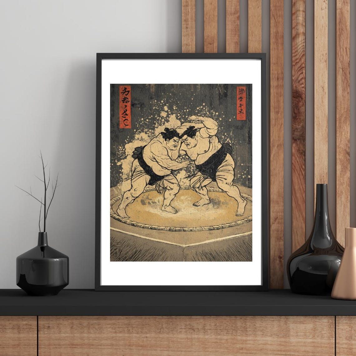 Japanese Sumo Wrestlers Ukiyoe Style Traditional Bout Dojo Art Poster