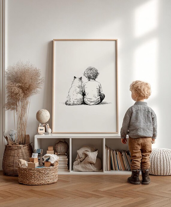 Boy And Fluffy Ragdoll Cat Line Art Sketch Kids Nursery Wall Art