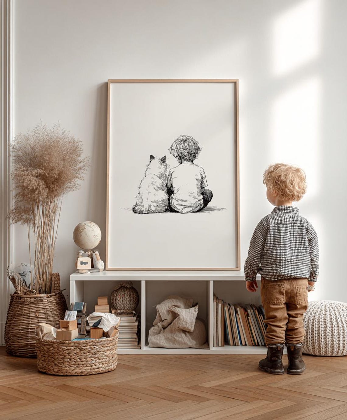 Boy And Fluffy Ragdoll Cat Line Art Sketch Kids Nursery Wall Art