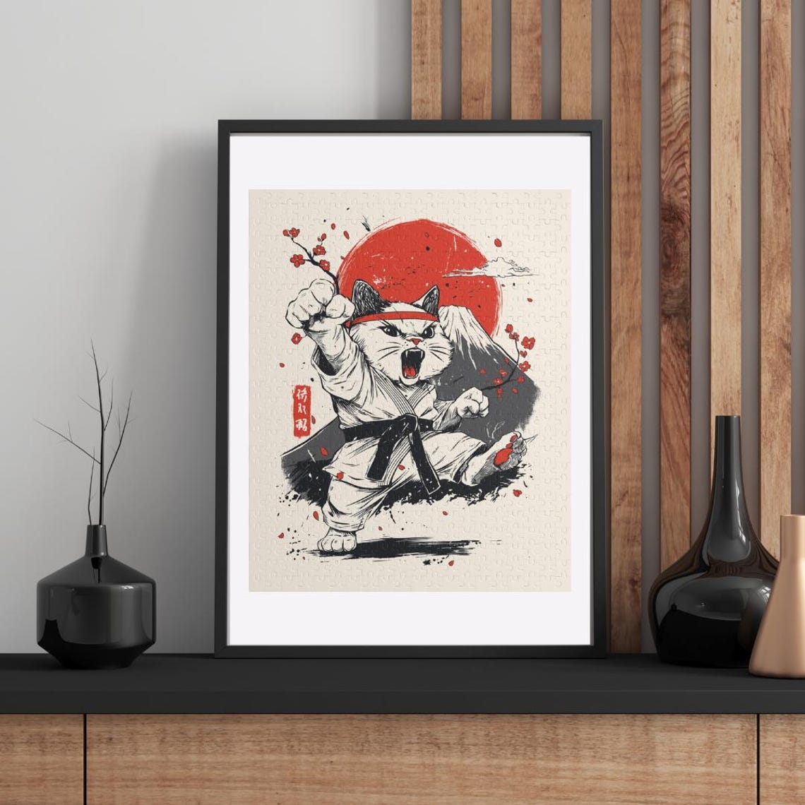 Karate Cat Martial Arts Poster with Mount Fuji and Blazing Red Sun