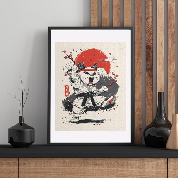 Karate Cat Martial Arts Poster with Mount Fuji and Blazing Red Sun