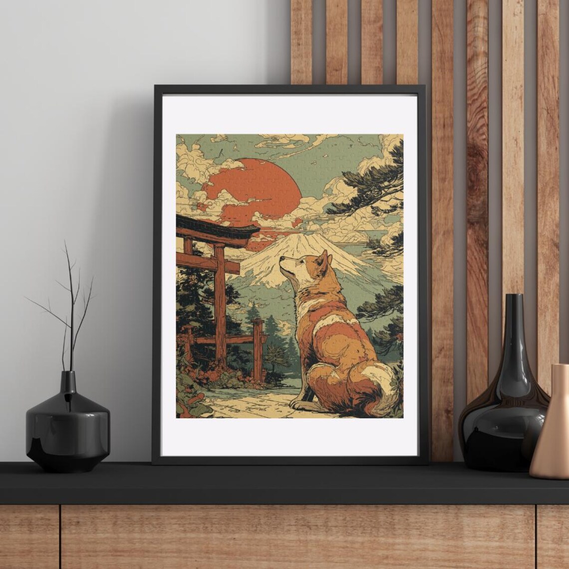 Shiba Inu with Mount Fuji Ukiyo E Sunset Japanese Art Poster