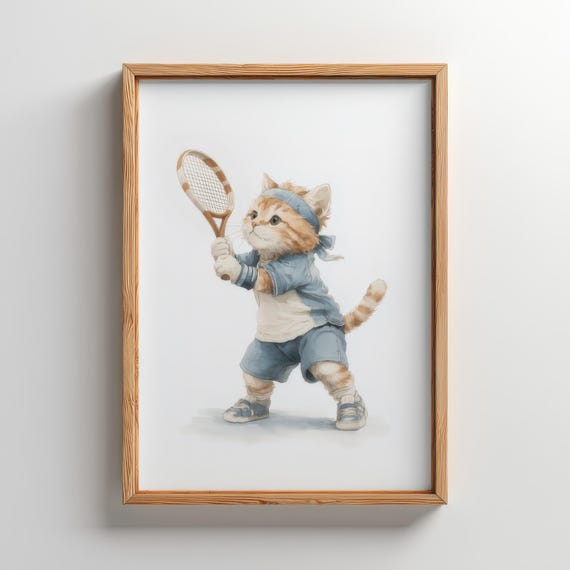 Nursery Tennis Art Tabby Cat Playing Watercolor Print 5 Sizes Included
