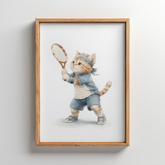 Tabby Kitten Playing Tennis Watercolor Sports Nursery Wall Art