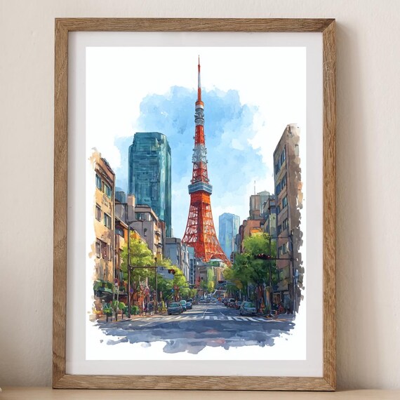 Tokyo Tower Watercolor City Street Japan Modern Urban Art Poster