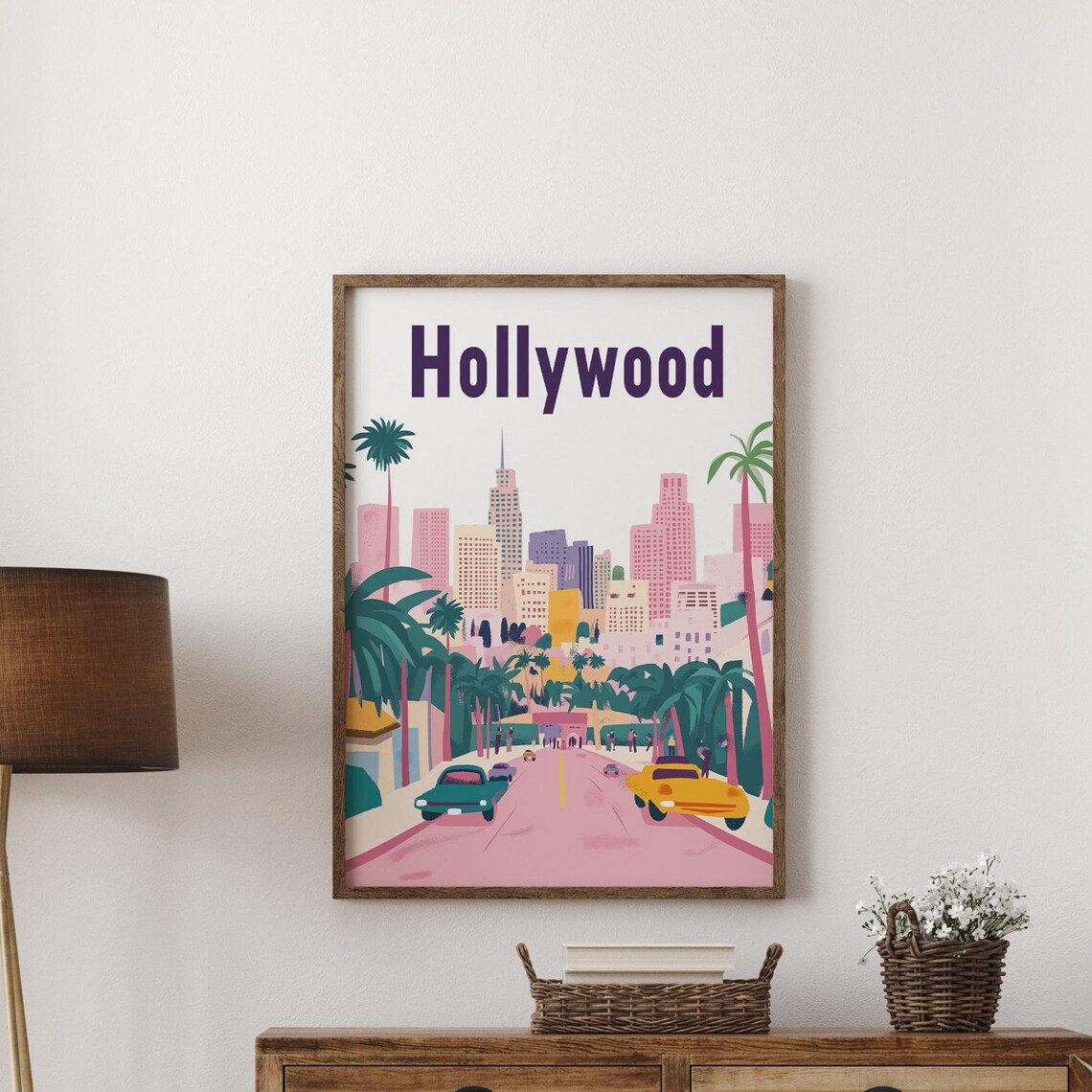 Hollywood Los Angeles Pink Cityscape Palm Cars Retro Travel Poster
