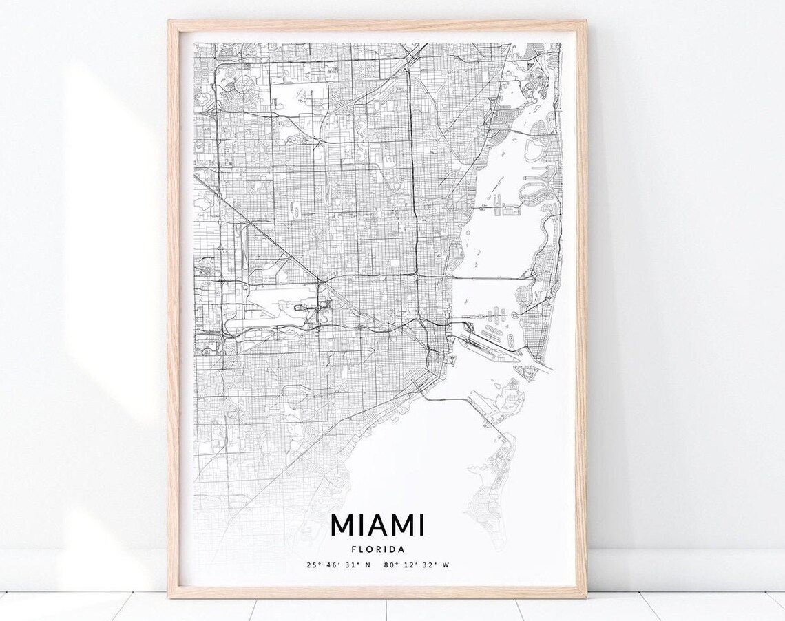 Miami Map Print, Modern Minimalist Poster
