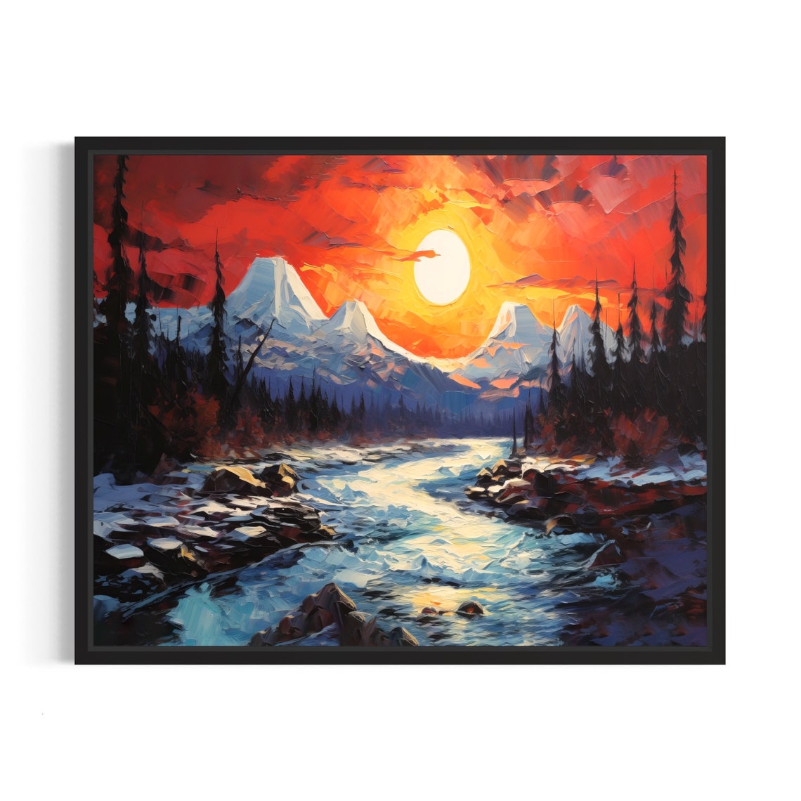 Arctic Midnight Sun Over Snowy Mountains River Painting Poster
