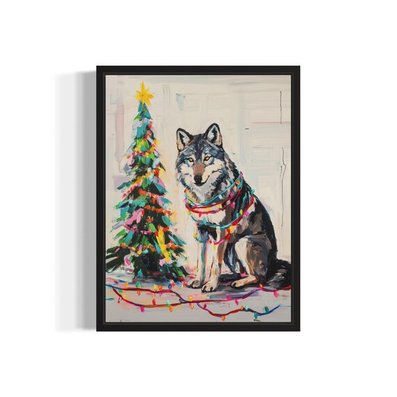 Gray Wolf Sitting Beside Christmas Tree with Colorful Lights Poster