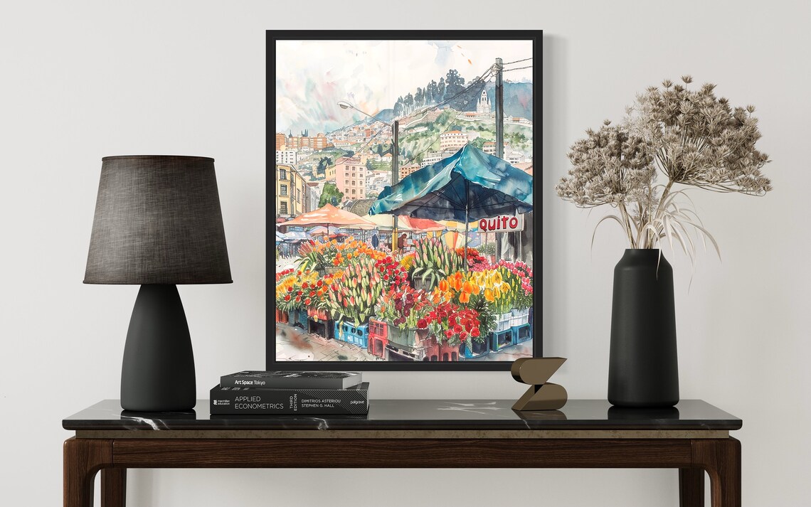 Quito Ecuador Old Town Hills Watercolor Flower Market Poster - Image 2