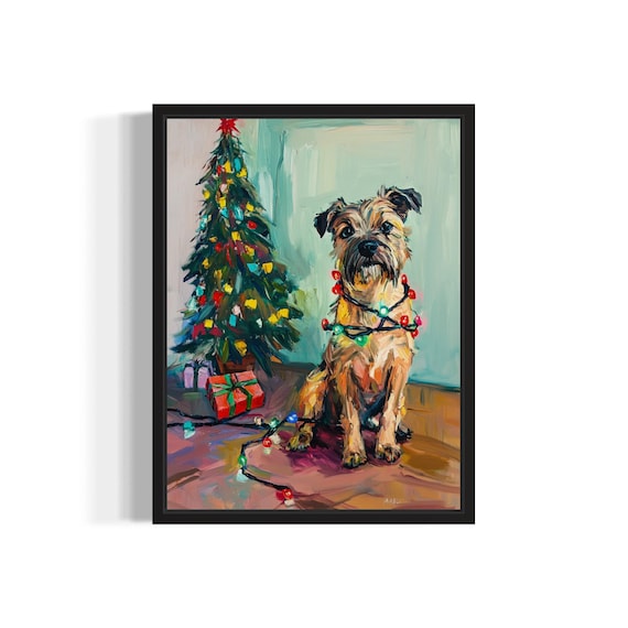 Border Terrier Dog Wrapped in Red Christmas Lights Holiday Poster