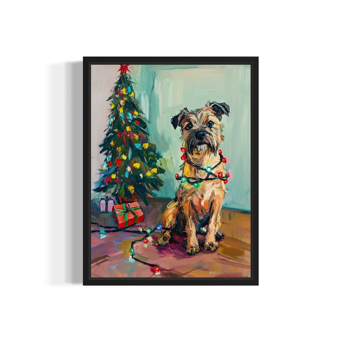 Border Terrier Dog Wrapped in Red Christmas Lights Holiday Poster