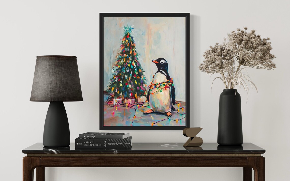 Penguin Tangled In Christmas Lights Art Print - Image 3
