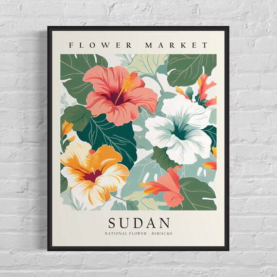 Sudan Flower Market Art Print Sudan Flower Hibiscus Wall Art Botanical Pastel Artwork