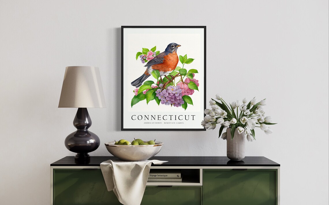 Connecticut State Bird Art Print, State Flower Wall Art - Image 2