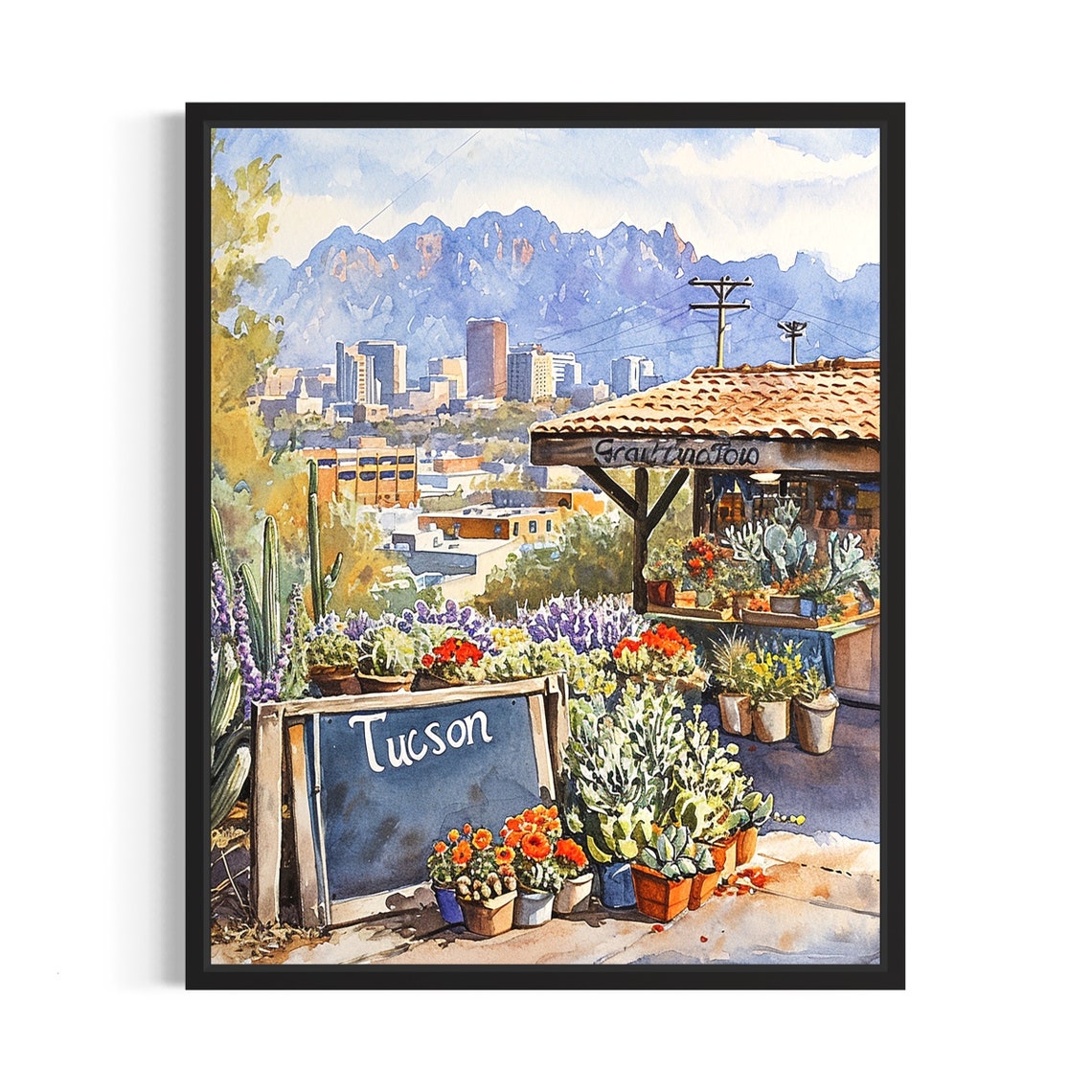 Tucson Flower Market Watercolor Poster Desert Cactus Mountain View