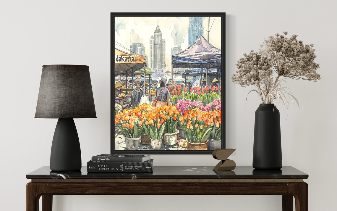 Jakarta Flower Market Watercolor Poster Bustling Street Stalls - Image 2