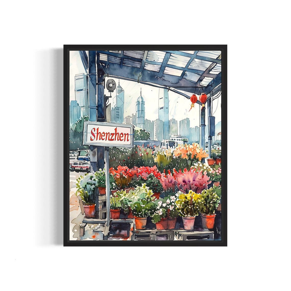 Shenzhen Flower Market Watercolor Poster Lantern Pavilion Skyline