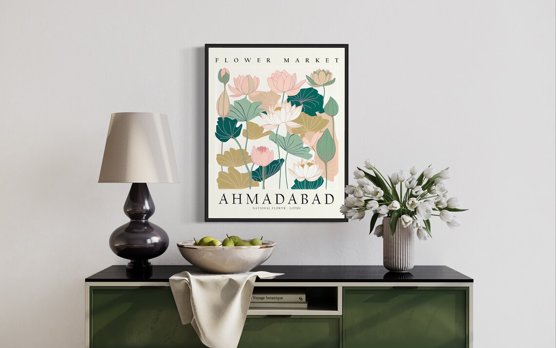 Ahmadabad India Flower Market Pink Lotus Botanical Art Poster - Image 2