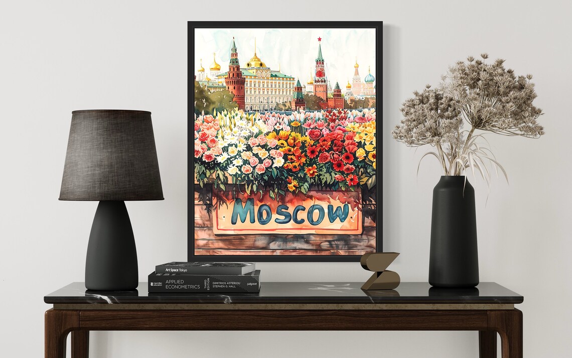 Moscow Flower Market Watercolor Poster Kremlin Cathedral Blooms - Image 2
