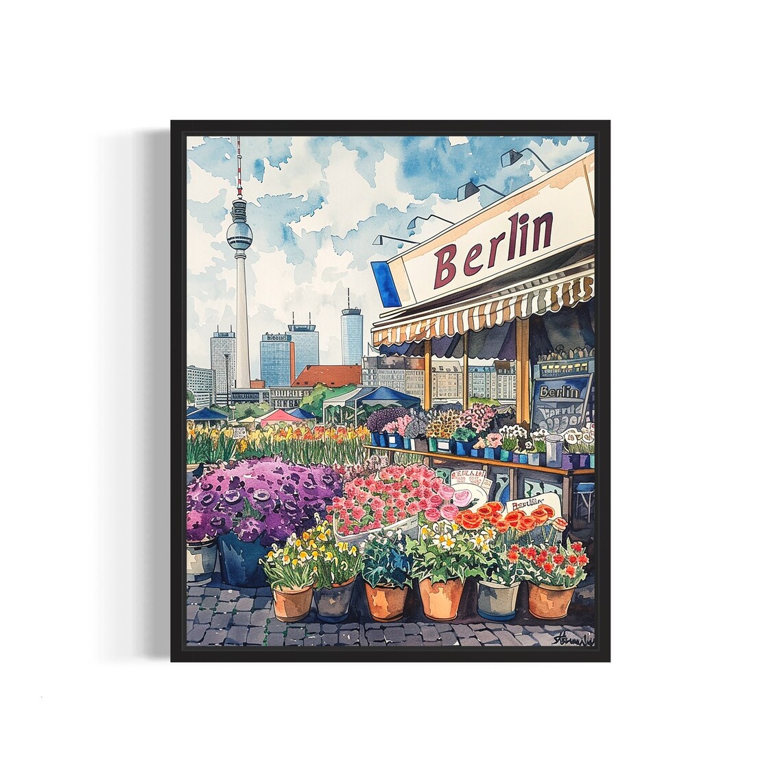 Berlin Germany TV Tower Watercolor Flower Market Scene Poster