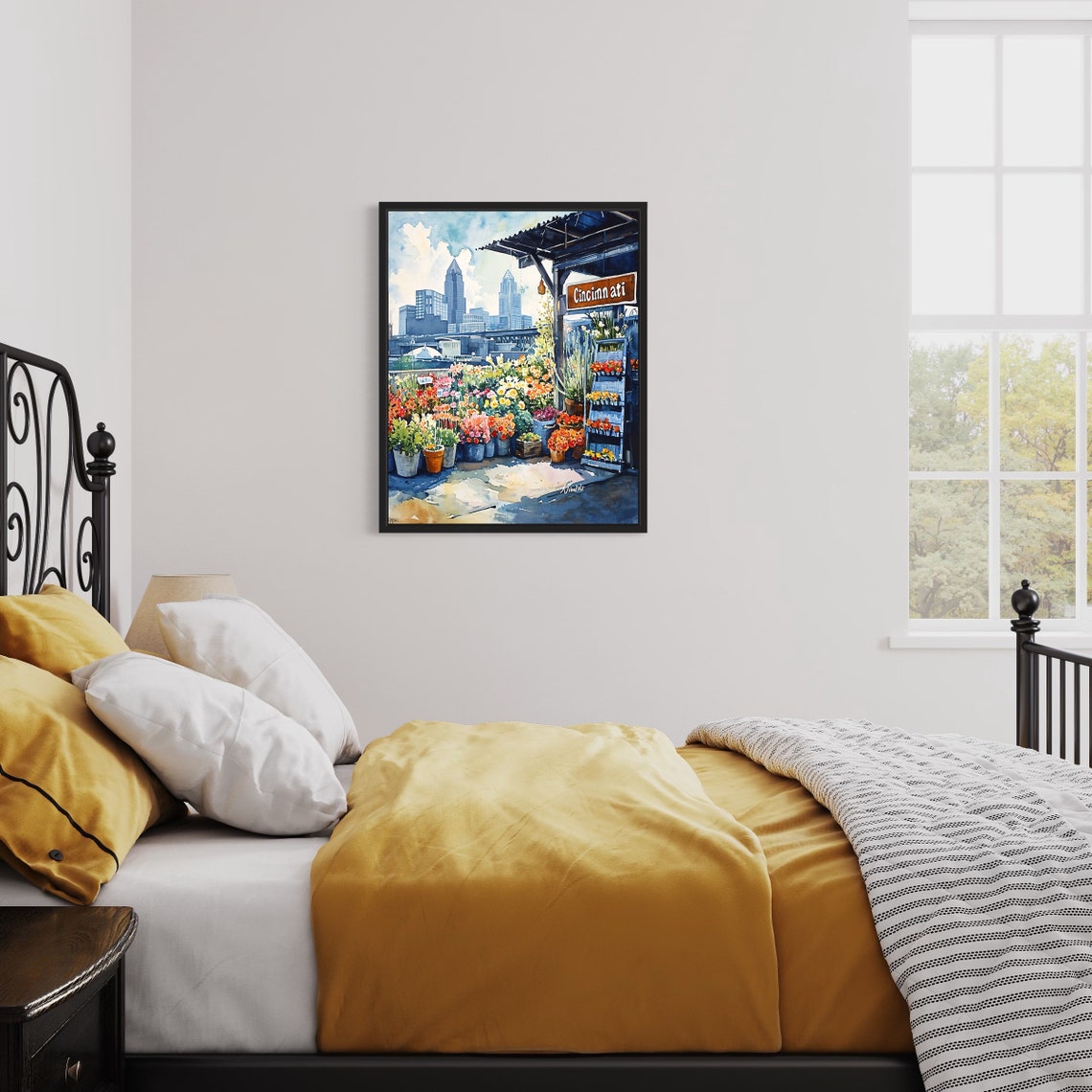 Cincinnati Flower Market Watercolor Poster Riverfront Skyline View - Image 3