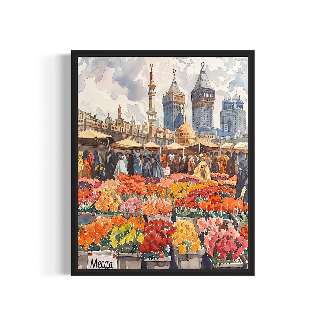 Mecca Saudi Arabia Flower Market Watercolor Clock Tower Scene Poster