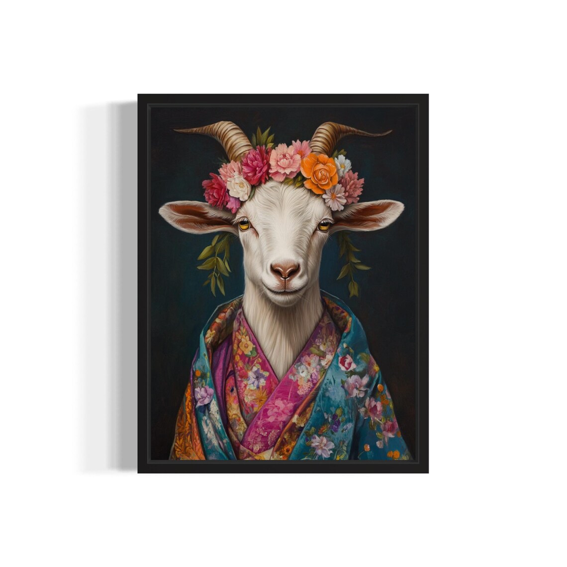 Regal White Goat In Floral Kimono With Flower Crown Art Print