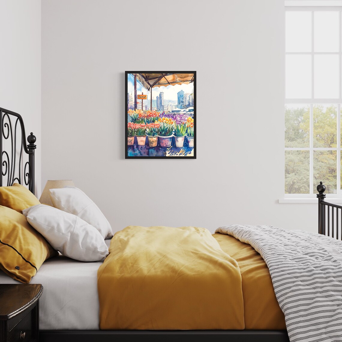 Beirut Lebanon Waterfront Watercolor Tulip Market Scene Poster - Image 3