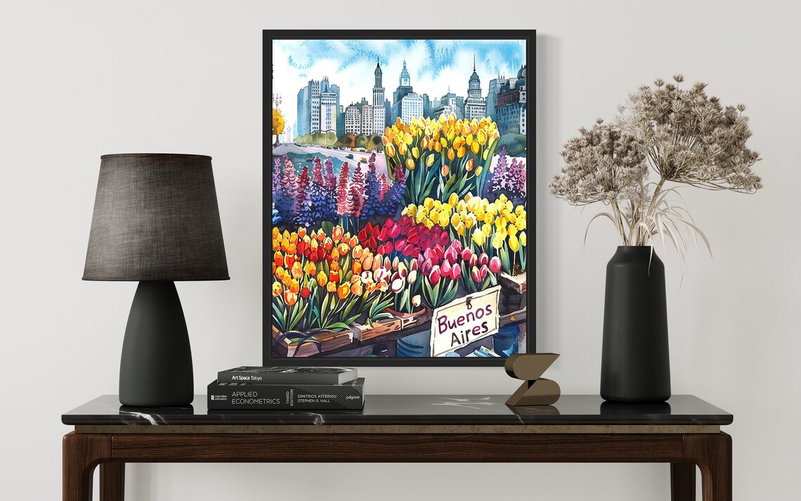 Buenos Aires Flower Market Watercolor Poster City Avenue Tulips - Image 2