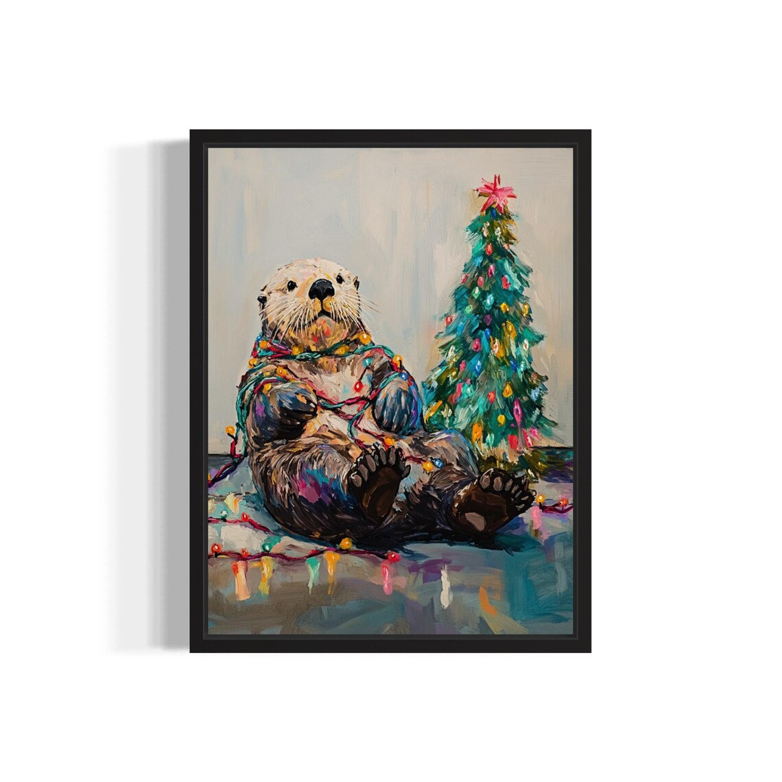 Sea Otter Tangled in Colorful Christmas Lights Holiday Poster