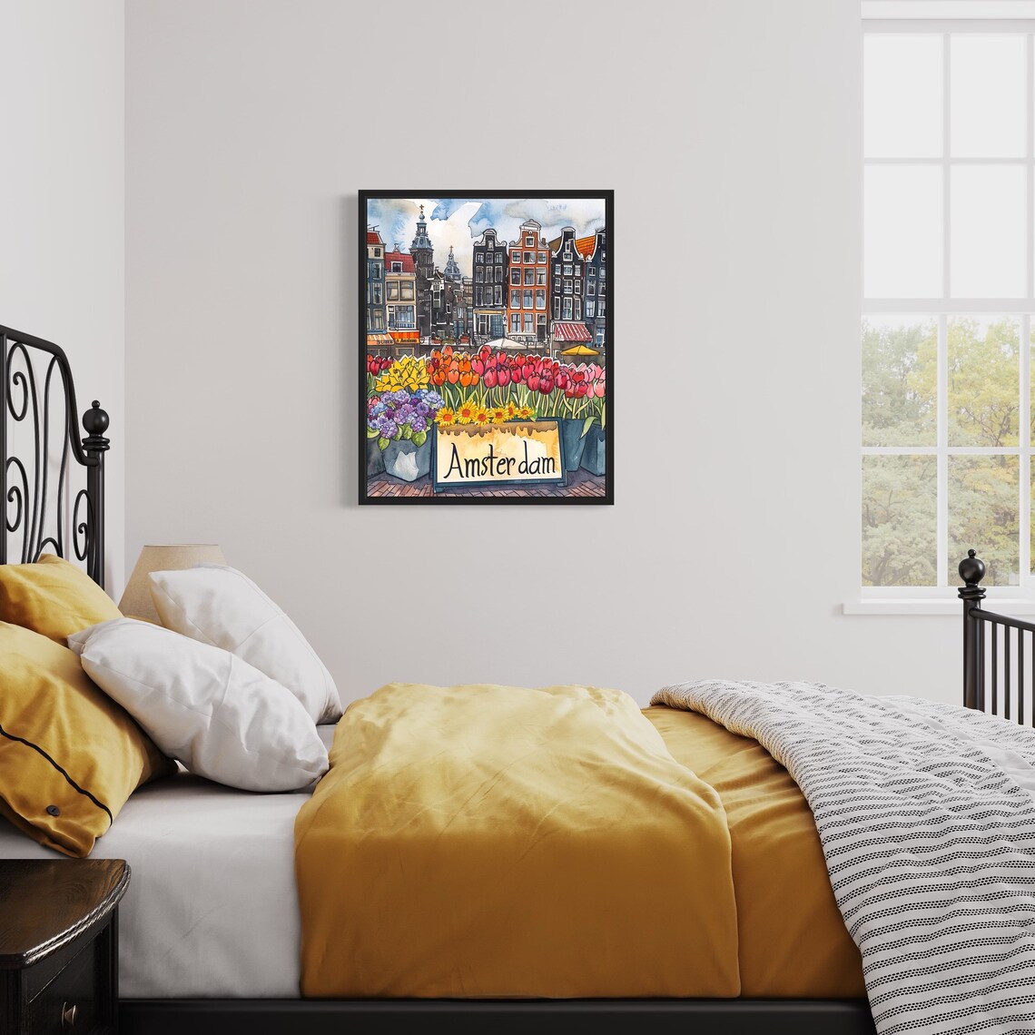 Amsterdam Canal Houses Watercolor Tulip Market Plaza Scene Poster - Image 3