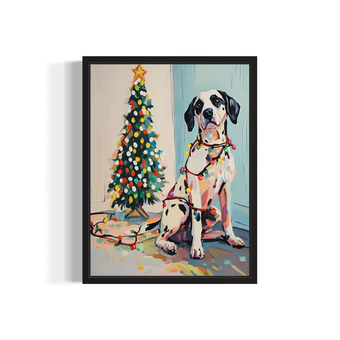 Dalmatian Dog Wrapped in Colorful Christmas Lights Holiday Poster
