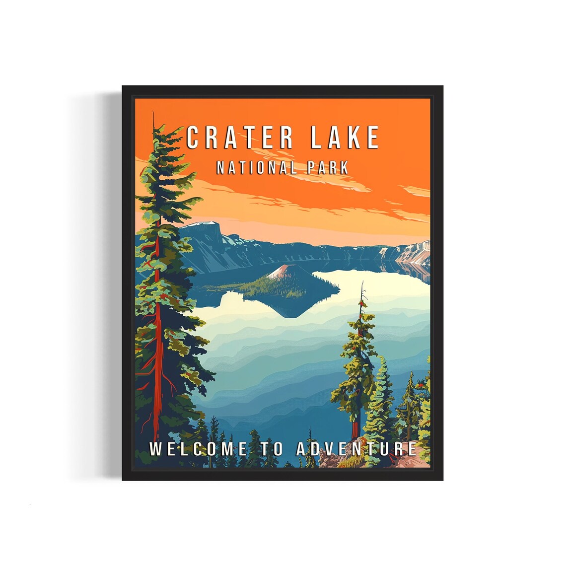 Crater Lake National Park Oregon Deep Blue Lake Sunset Vintage Poster