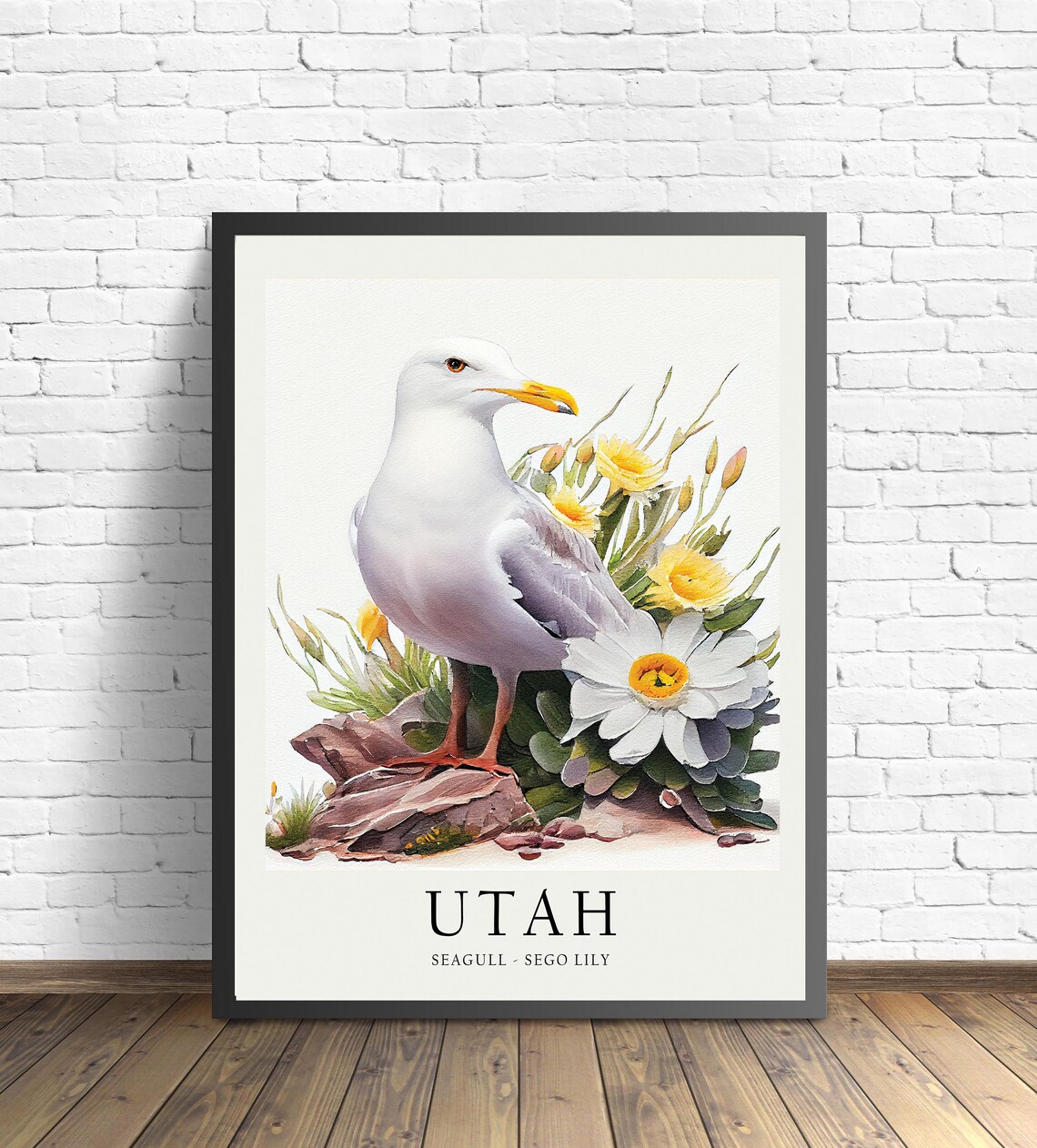 Utah Seagull Sego Lily Coastal Desert Bird Watercolor Poster