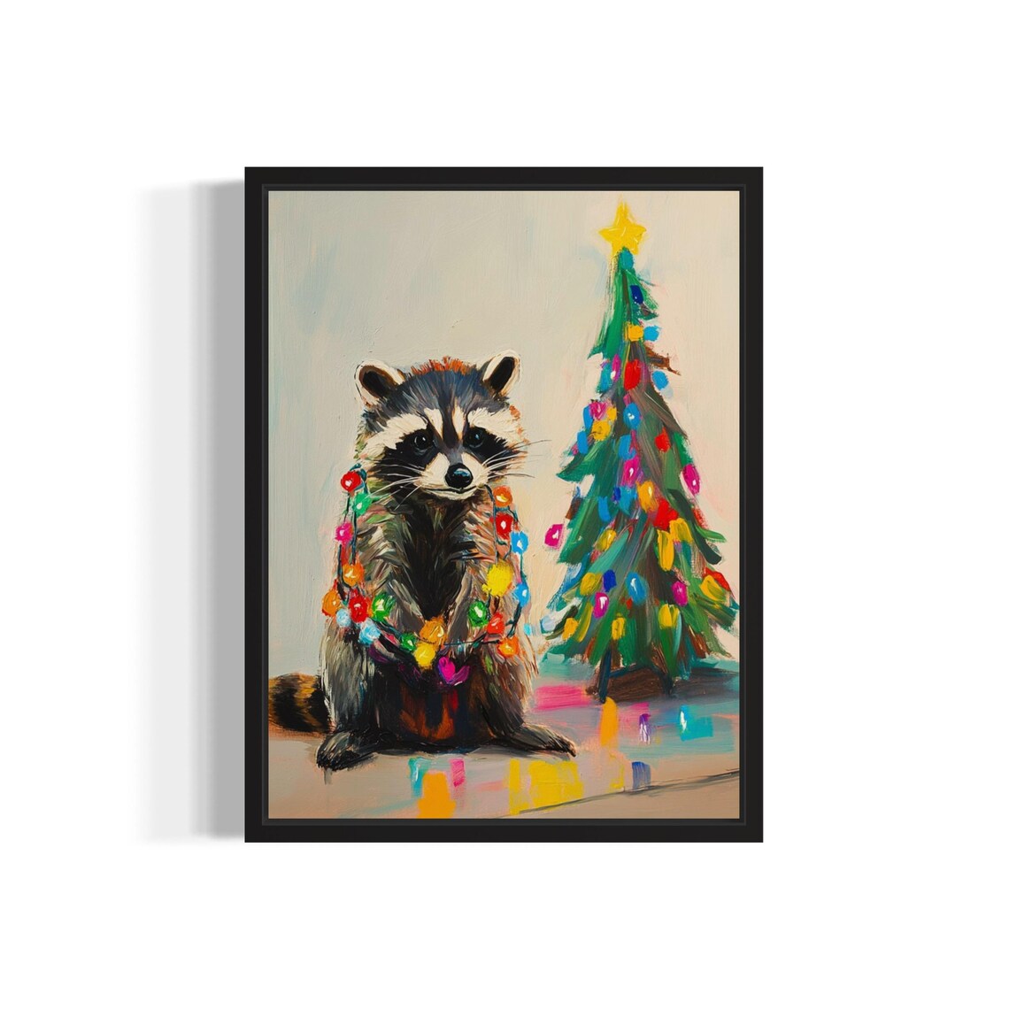Raccoon Tangled in Christmas Lights Holiday Poster