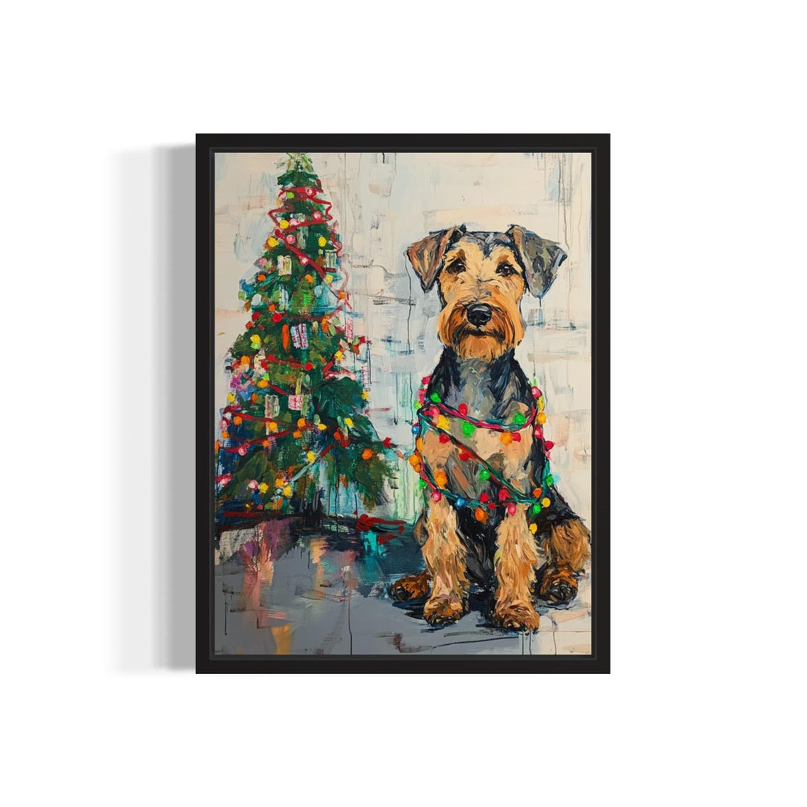 Airedale Terrier Dog Wrapped in Bright Christmas Lights Holiday Poster