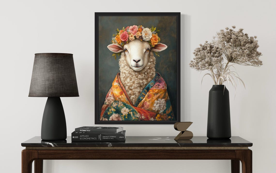 Sheep Wearing Floral Kimono and Flower Crown Portrait Poster - Image 2