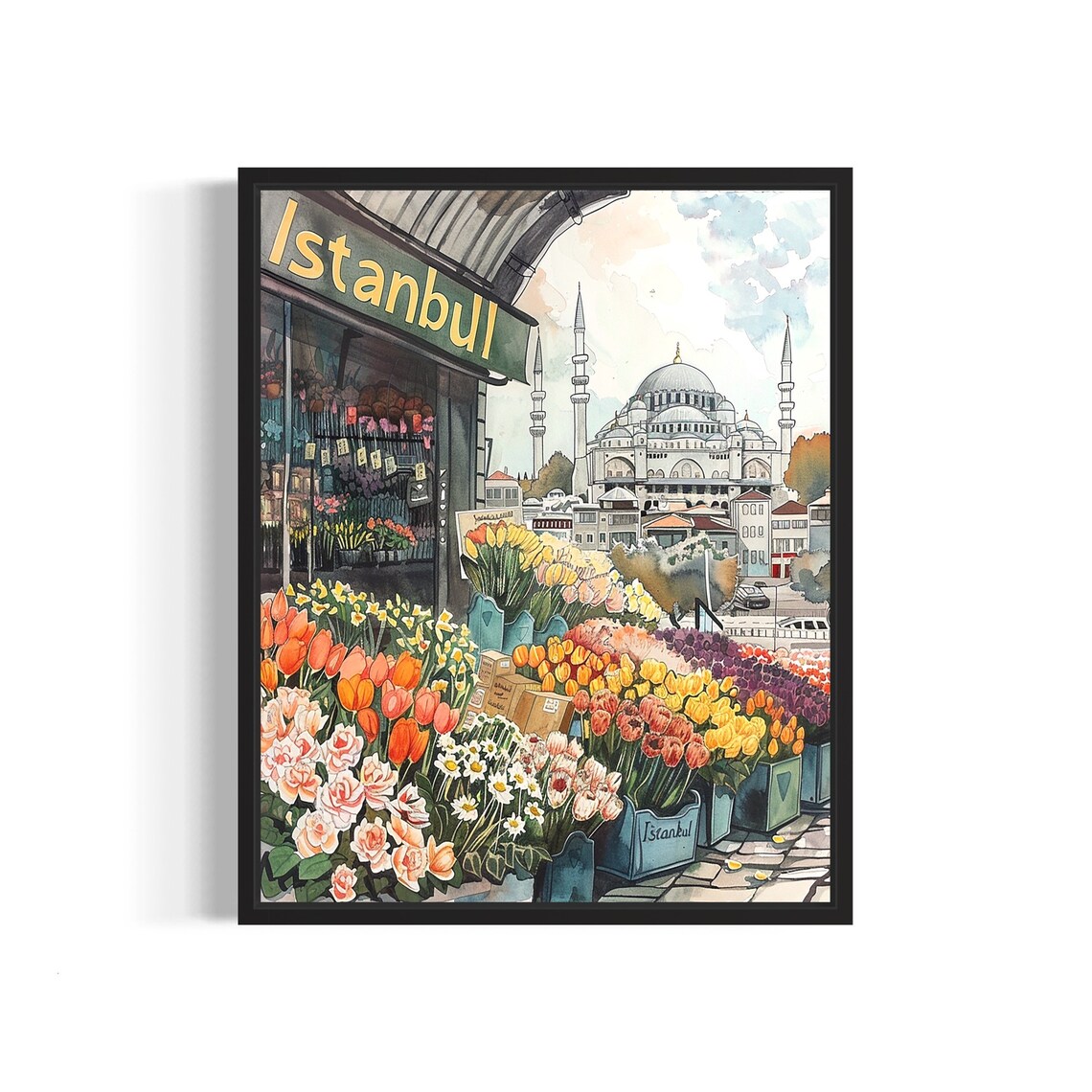 Istanbul Turkey Grand Mosque Watercolor Flower Market Scene Poster