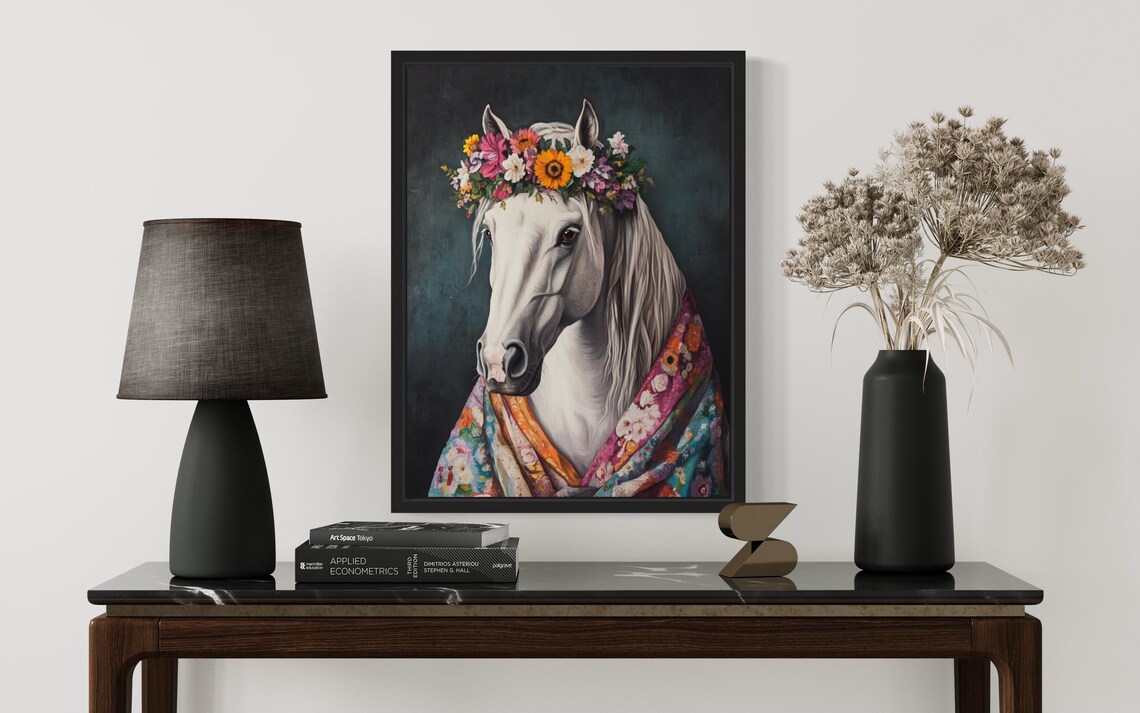 White Horse In Colorful Floral Kimono With Sunflower Crown Art Print - Image 2