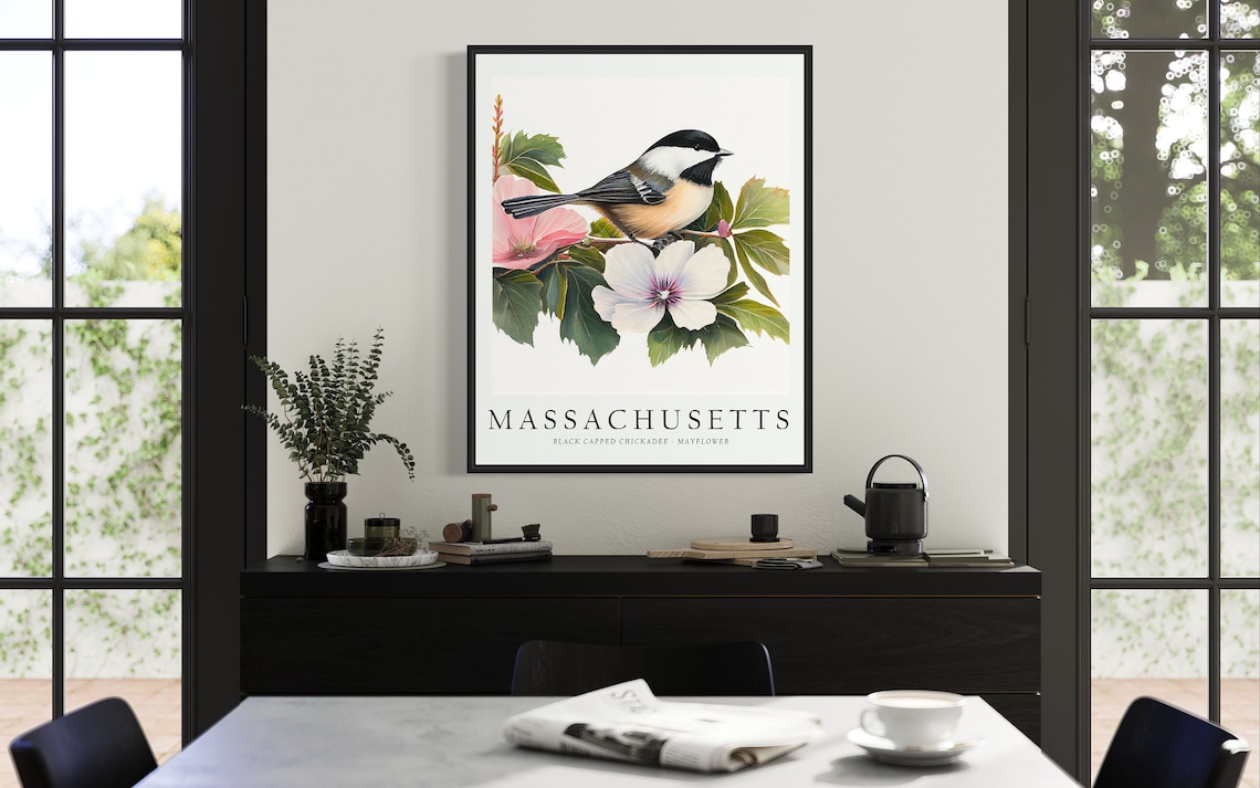 Massachusetts State Bird Art Print, State Flower - Image 3