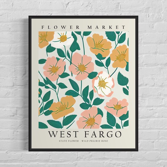 Vintage West Fargo North Dakota Wild Prairie Rose Flower Market Art Poster