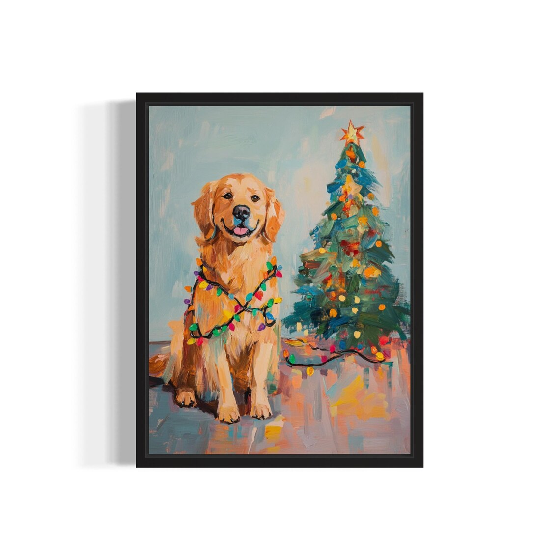Golden Retriever Dog in Christmas Lights Art Print